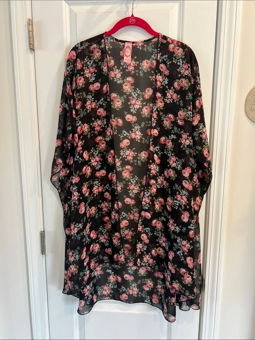 Honeyme Black Sheer Floral Kimono with Pink Roses - Picture 1 of 5